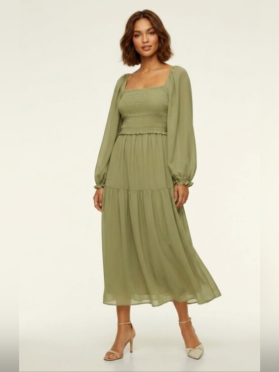 Wilfred Dresses & Skirts - Aritzia Wilfred Nella Smocked Fete Chiffon Tiered Midi Dress Olive Green Medium